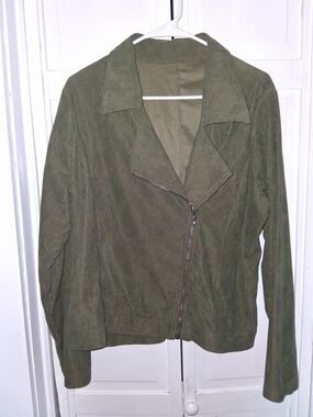 SHEIN Olive Green Corduroy Zip-Front Moto Jacket